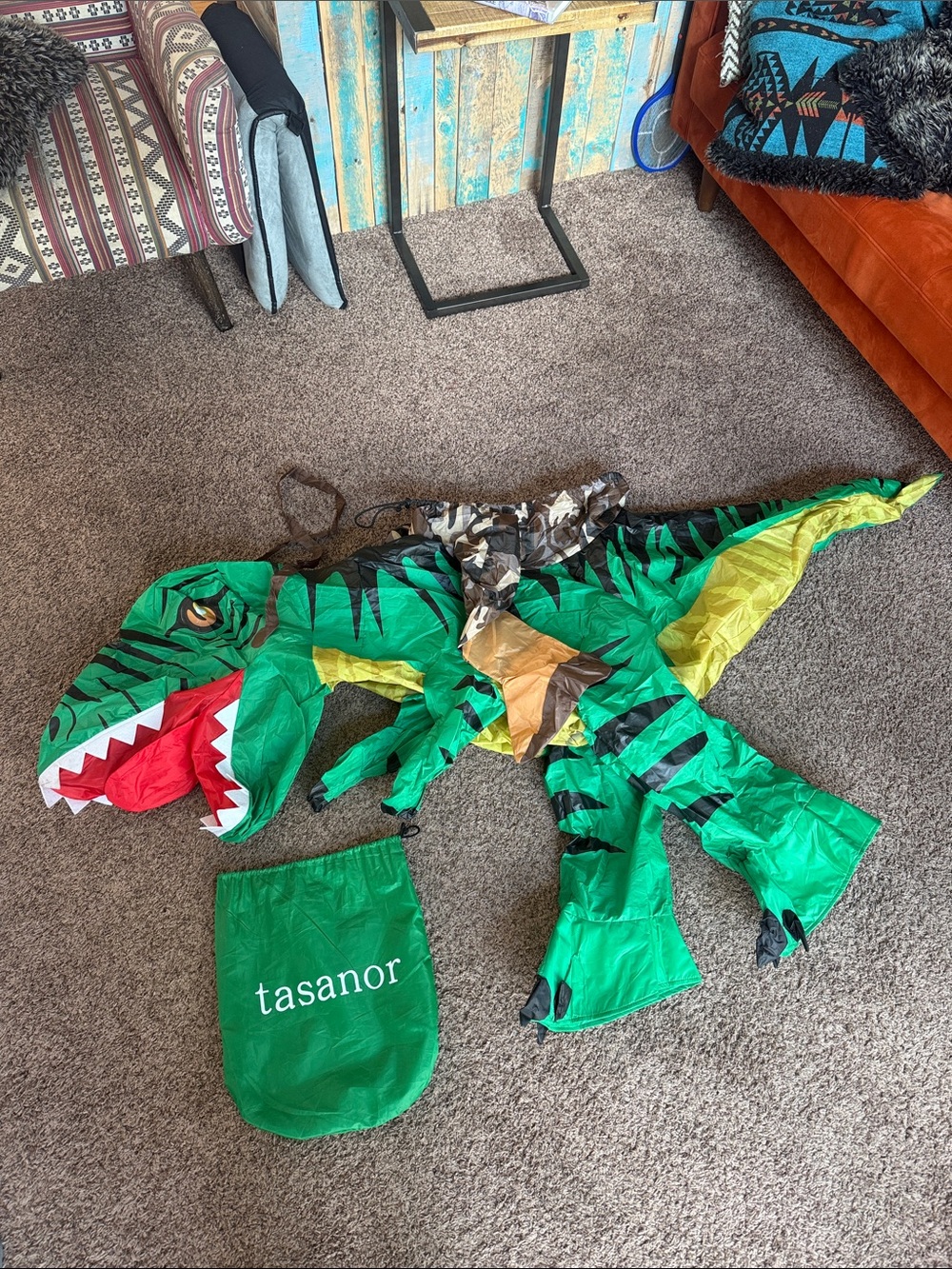 Green Inflatable “person riding t-Rex” Costume, used once. Fully functional.